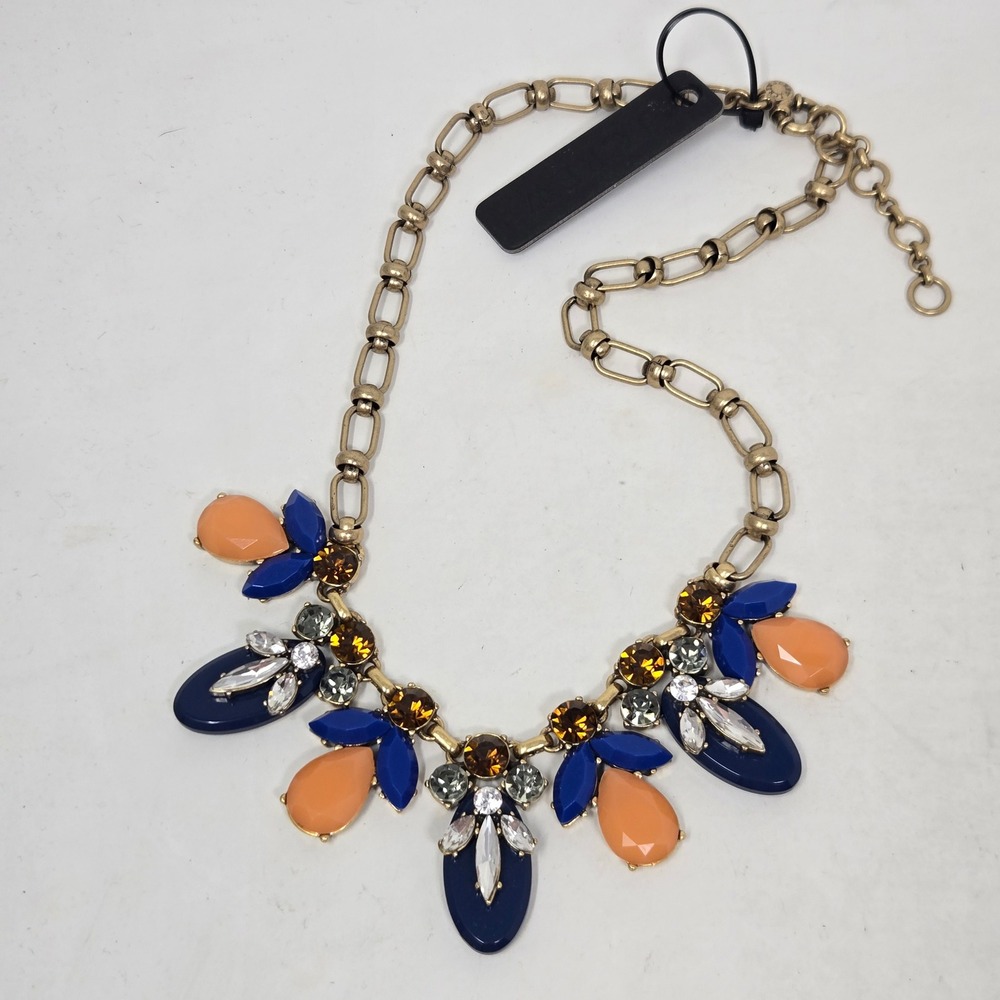 J.Crew Statement Necklace Navy Peach Amber Gold Tone Crystal Bib Jewelry NEW